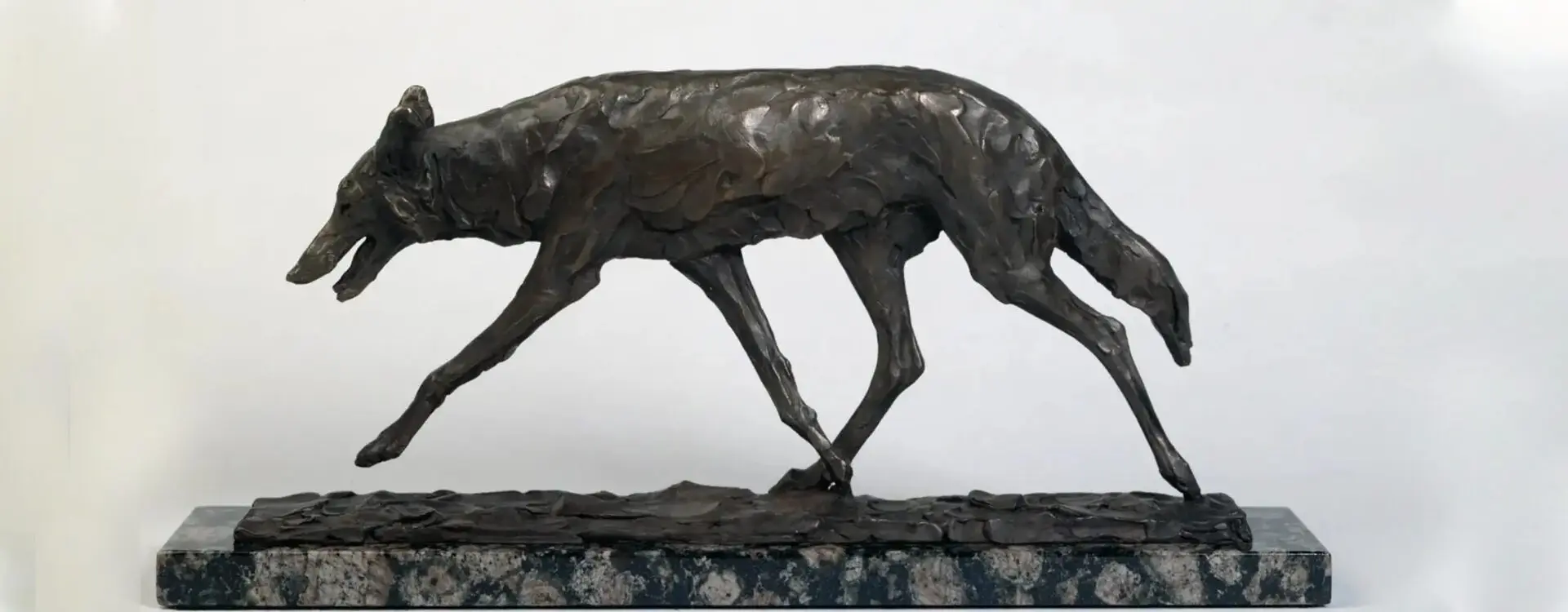 A dog statue is shown in the middle of a wall.